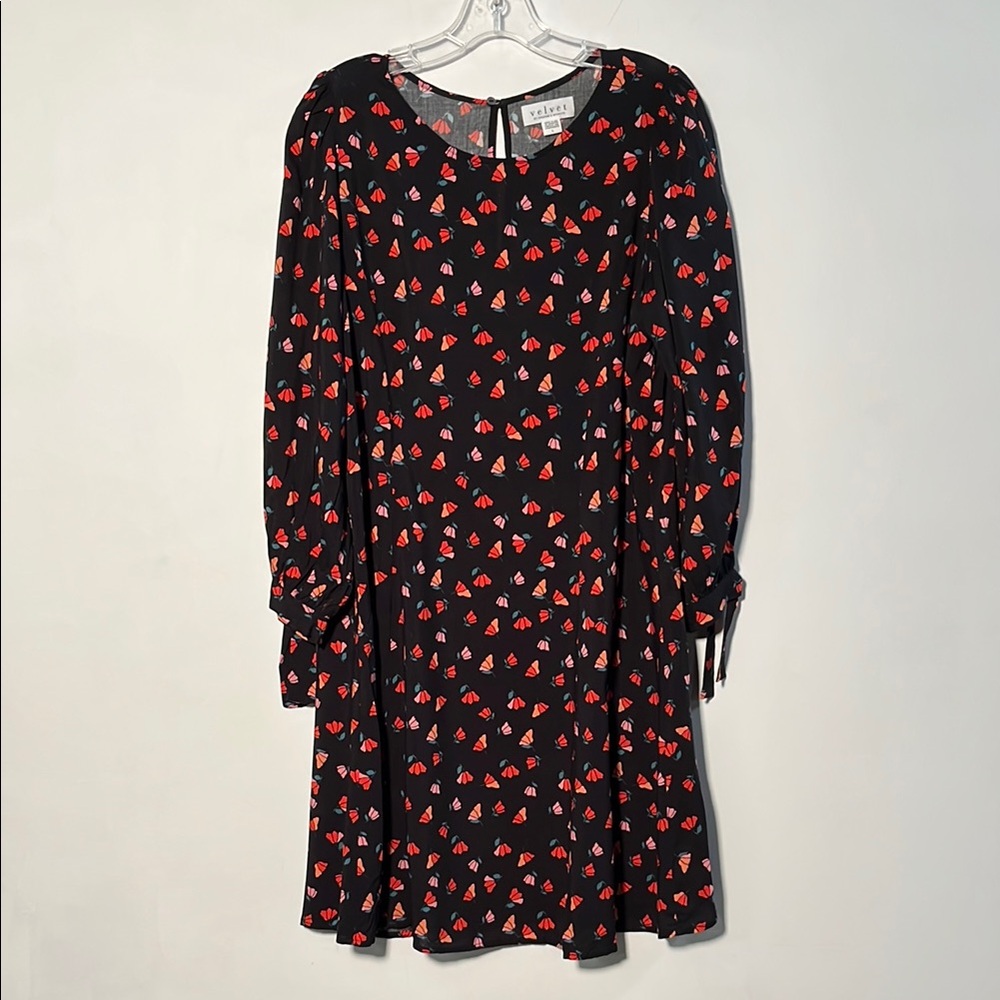 VELVET BY GRAHAM & SPENCER Career  Floral 3/4 Tie SLV Fit/Flare Keyhole Dress L